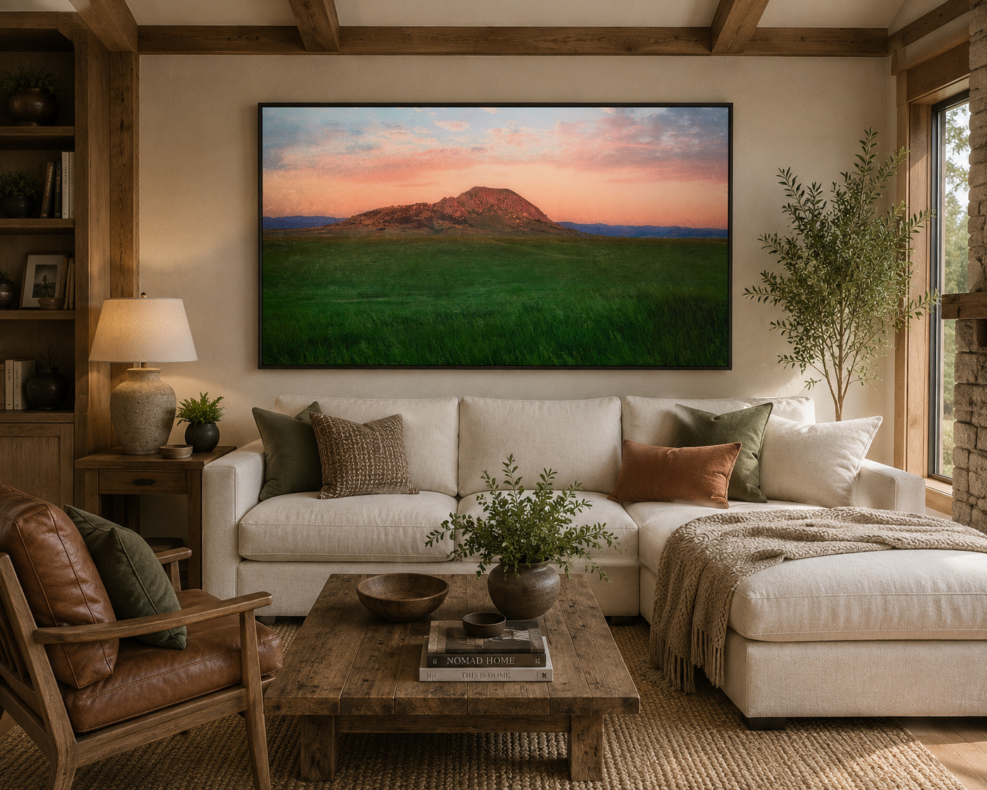 Large sunset landscape artwork displayed above a sofa in a residential great room by Dan Sproul